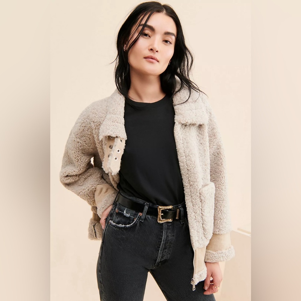 Jules Kae Kyle Sherpa Moto Jacket M Beige Faux Shearling Zip Coat
